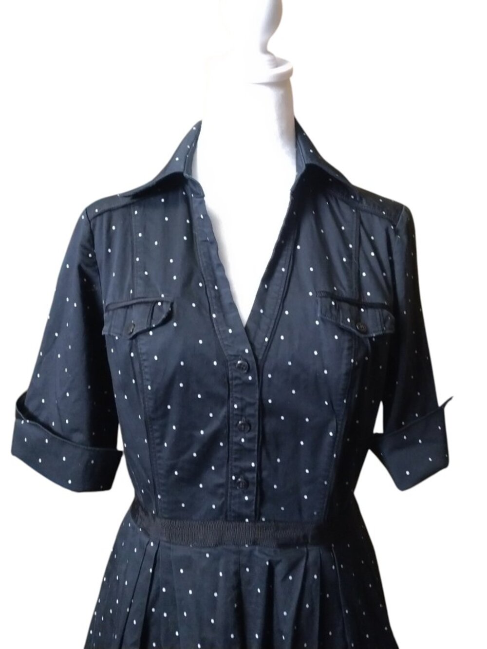 White House Black Market Black Polka Dot Shirt Dress Size 10 Fit & Flare Retro - Picture 2 of 9